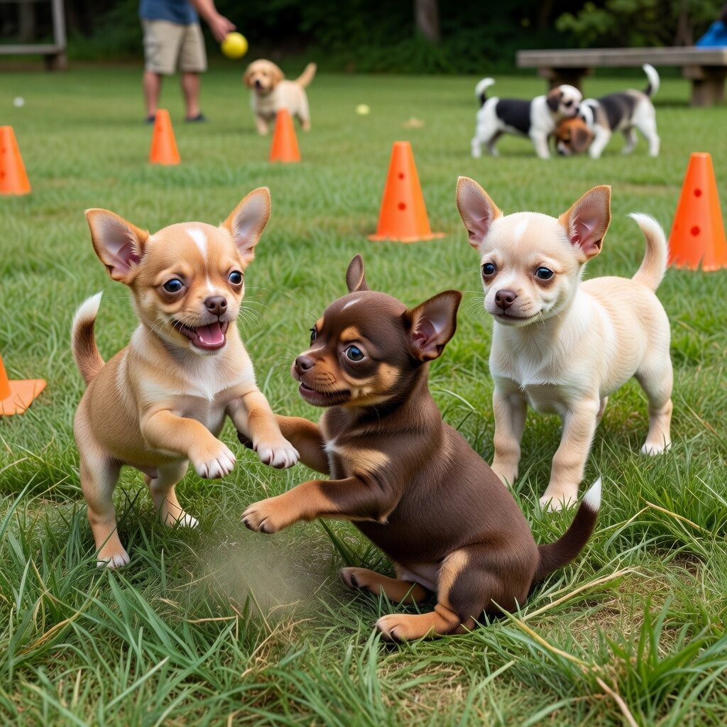Chihuahua puppies playing together at a socialization class
