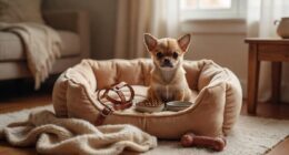 Chihuahua puppy surrounded by essential accessories including harness bowls and toys