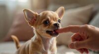 Chihuahua puppy biting owner finger