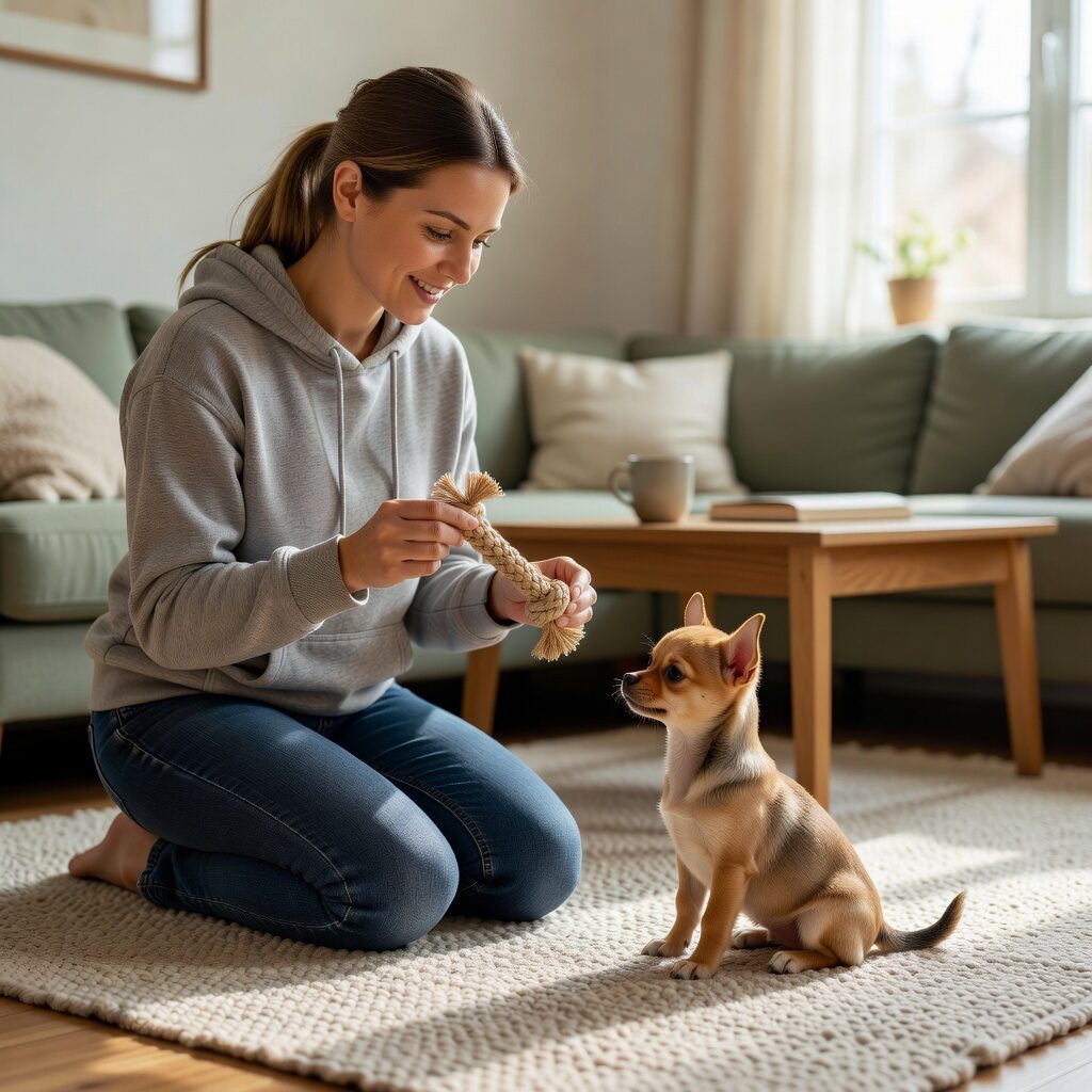Owner redirecting chihuahua puppy nipping with a chew toy