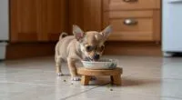 Chihuahua puppy eating from small bowl