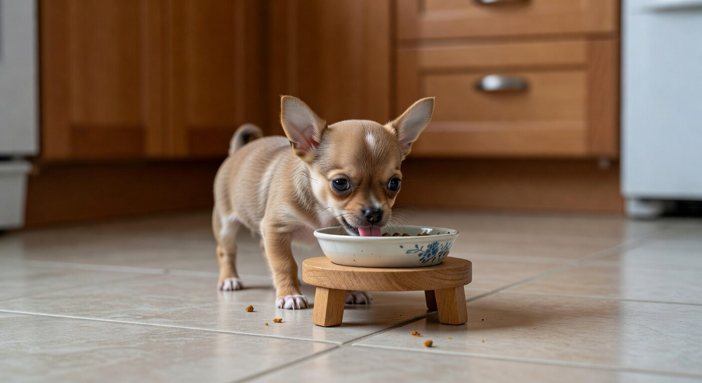 Chihuahua puppy eating from small bowl