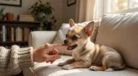 Chihuahua puppy playfully nipping at owner's finger