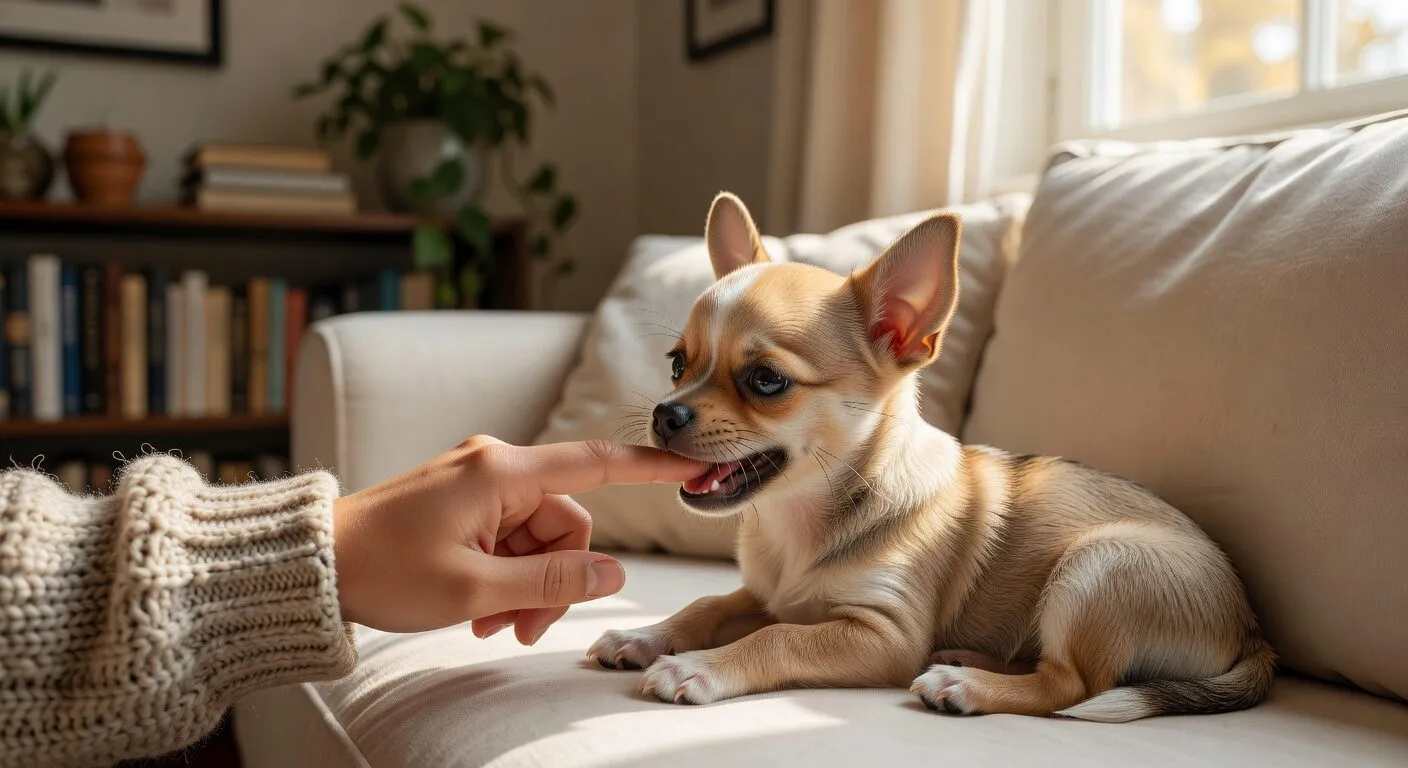 Chihuahua puppy playfully nipping at owner's finger