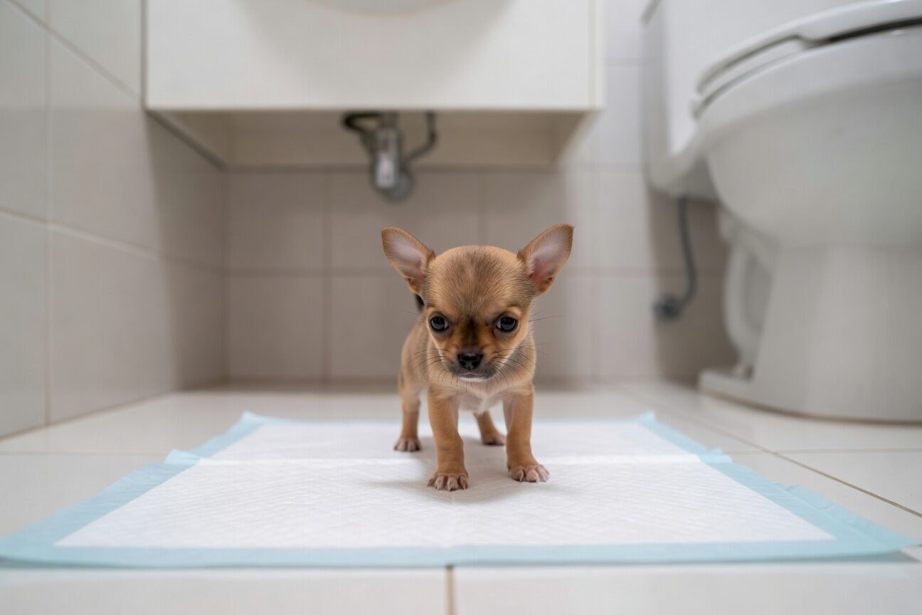 Chihuahua puppy on pee pad during housebreaking