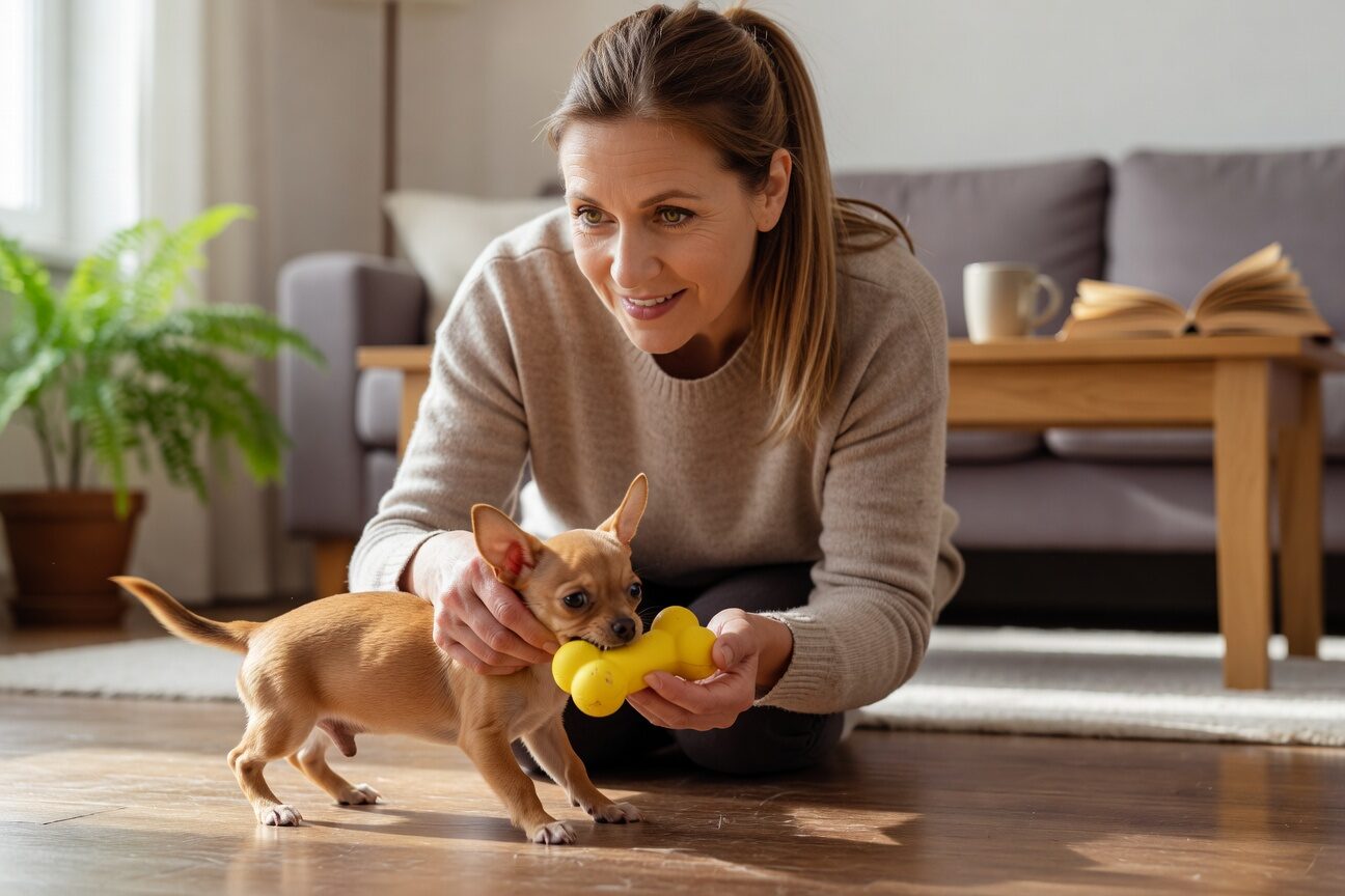 Redirecting chihuahua puppy to chew toy