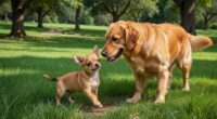 Chihuahua puppy meeting a larger dog during socialization in a park