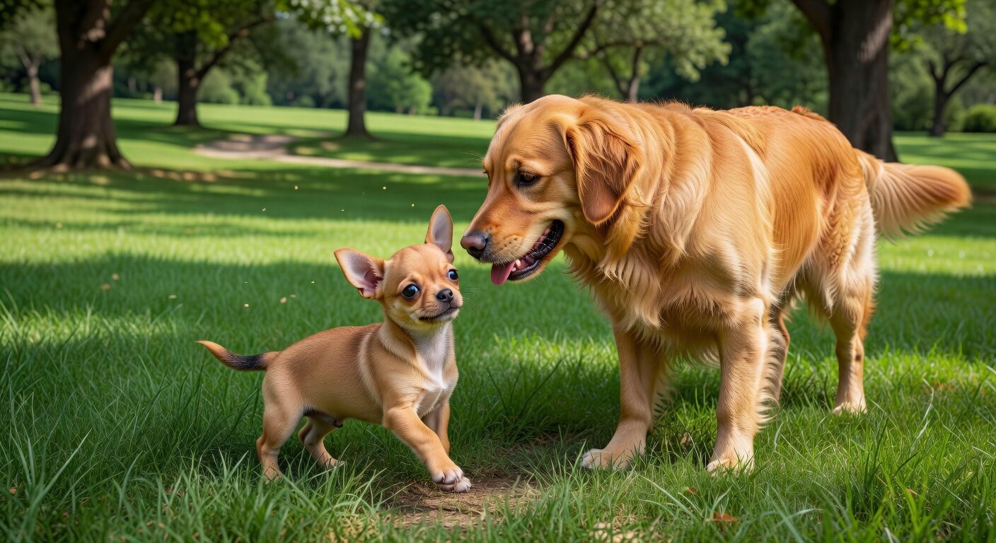 Chihuahua puppy meeting a larger dog during socialization in a park