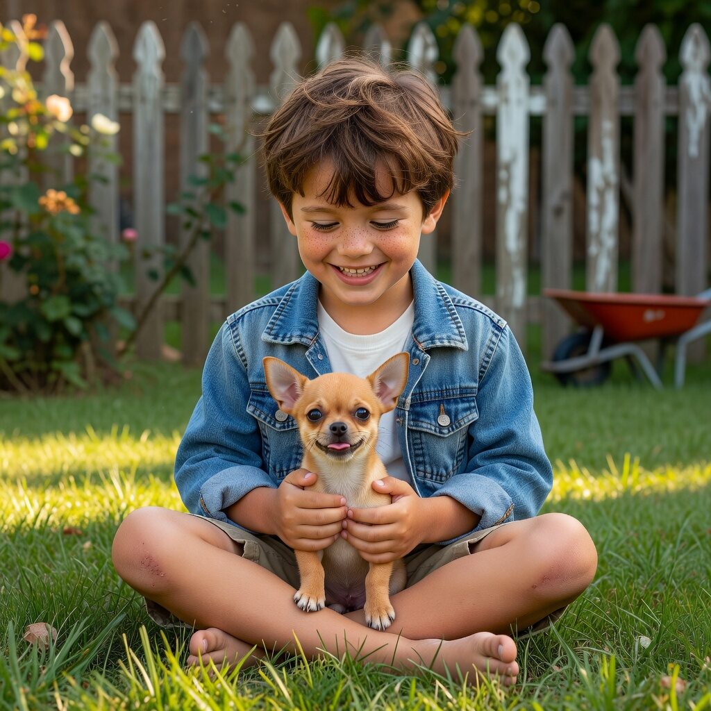 Child gently holding a chihuahua puppy during socialization