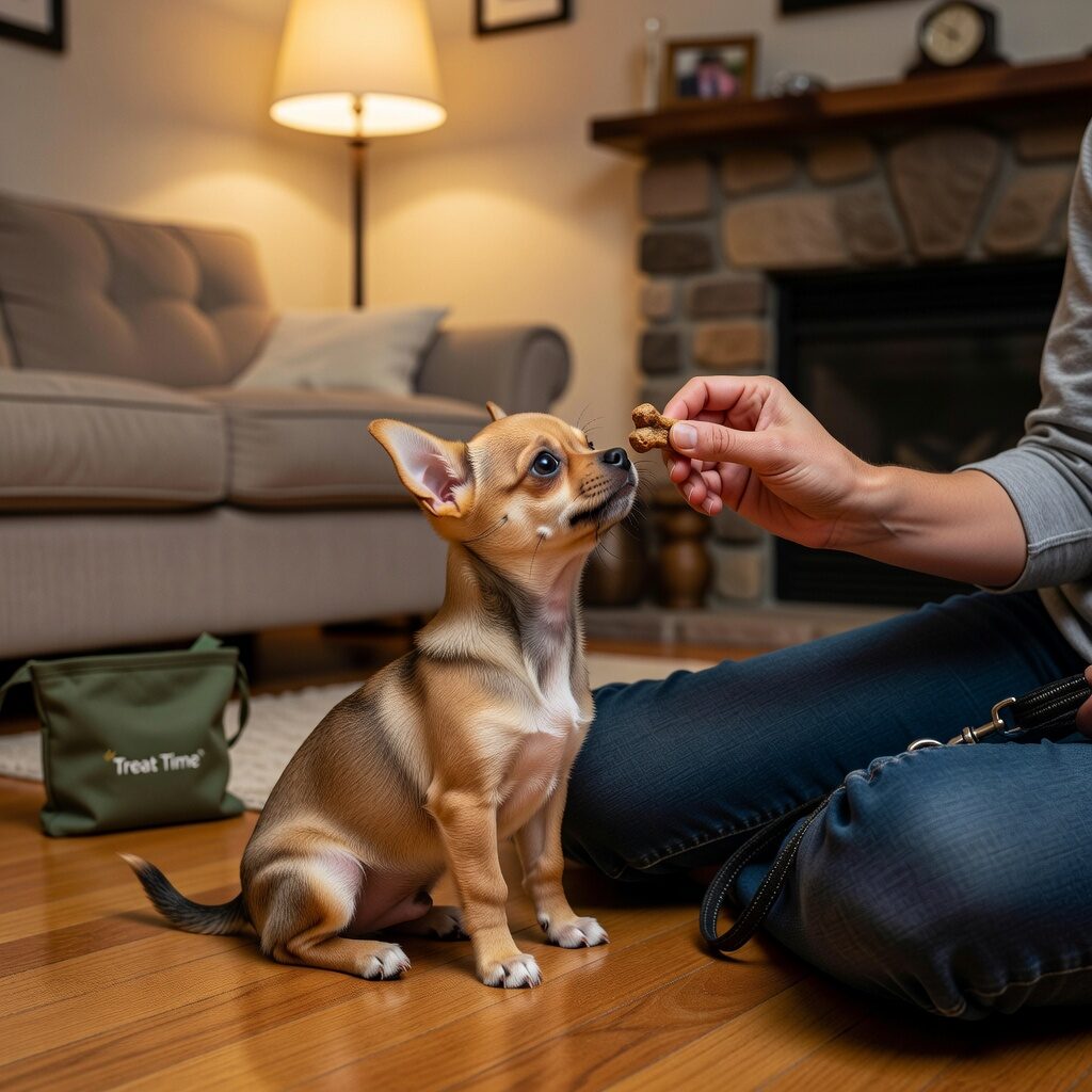 Chihuahua puppy receiving a treat for good behavior during training