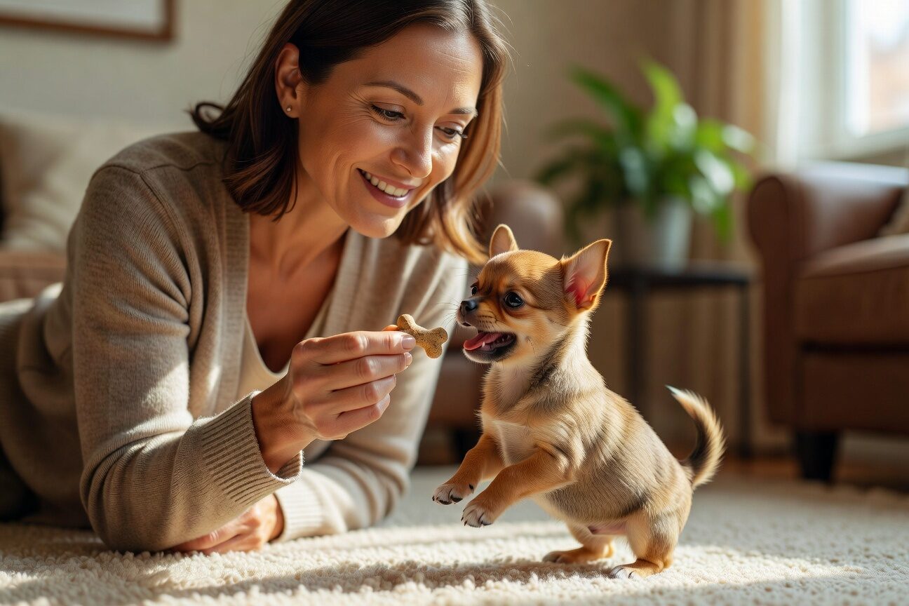 Rewarding chihuahua puppy with treat after potty