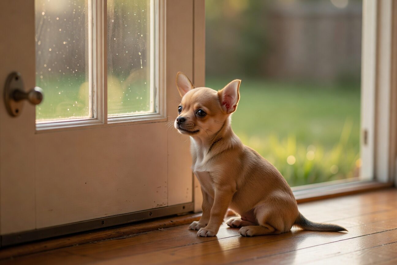 Chihuahua puppy waiting at door to go outside