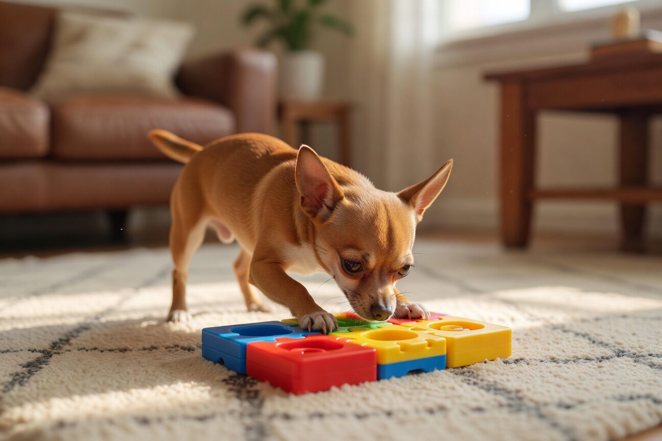 Chihuahua solving a Nina Ottosson puzzle toy on a living room rug