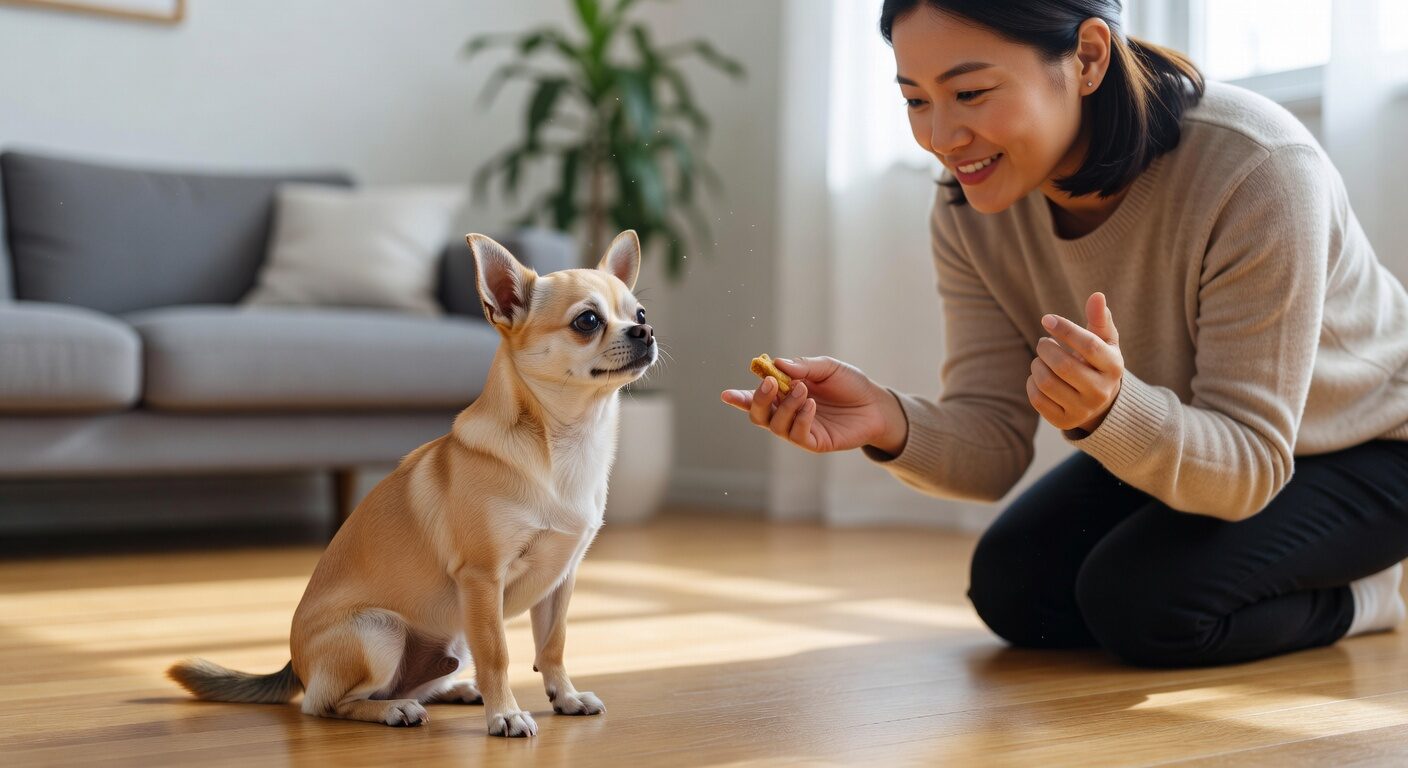Chihuahua learning the quiet command during training Chihuahua learning the quiet command during training
