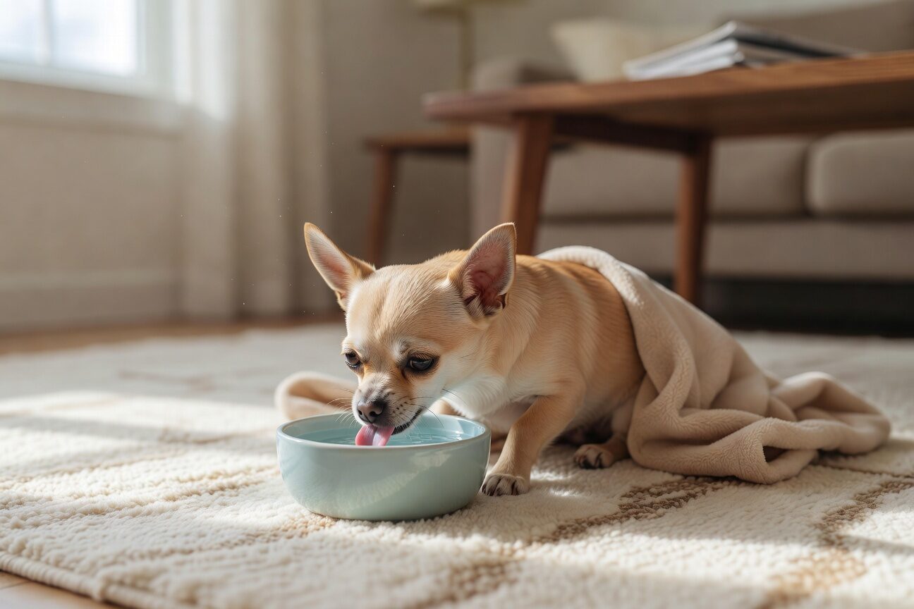 Chihuahua drinking water while recovering