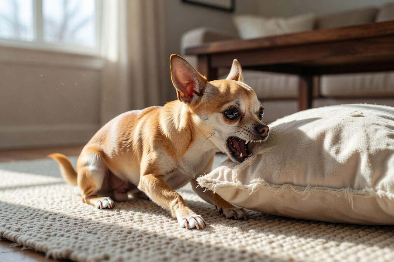 Redirecting chihuahua to chew toy