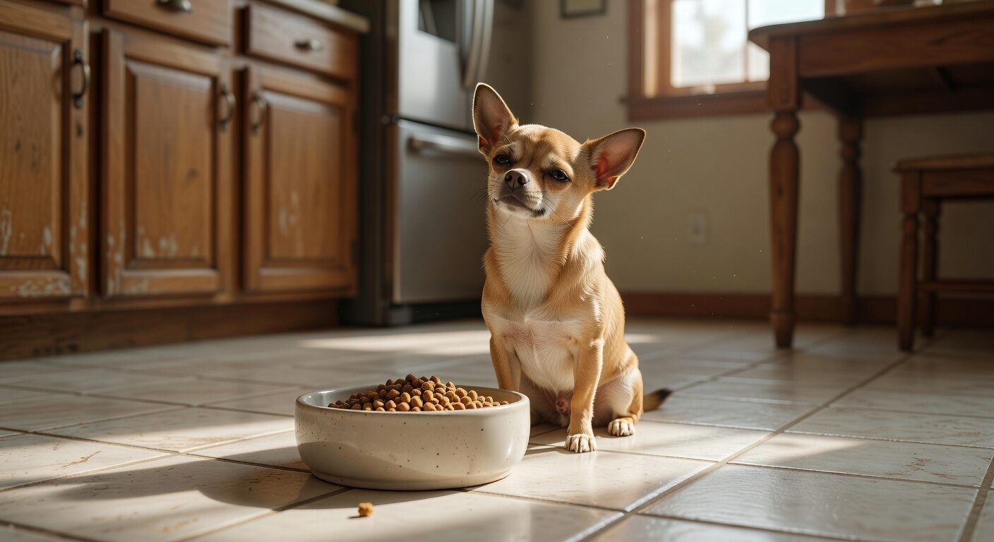 Chihuahua turning away from food bowl as a fussy eater