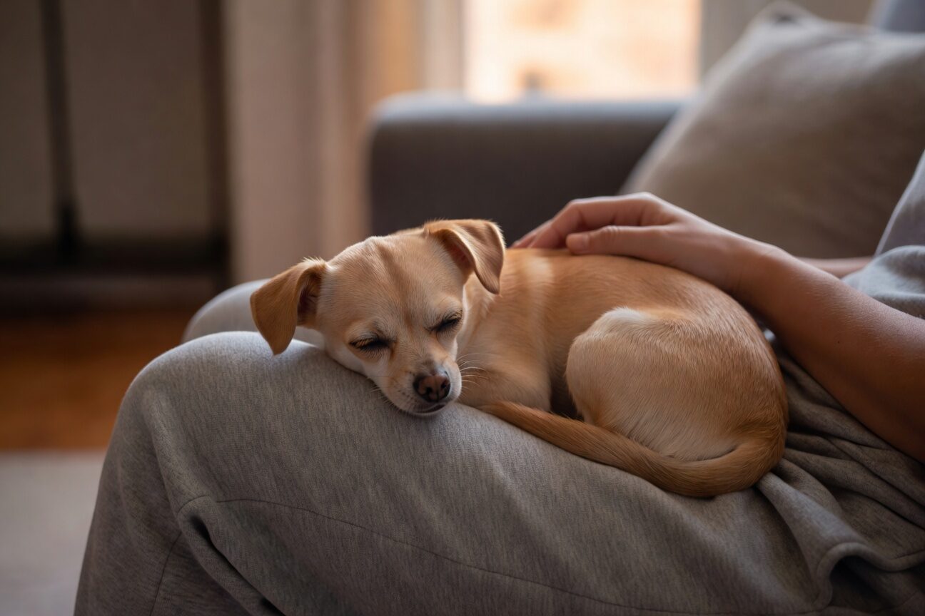 Relaxed chihuahua lying calmly on owner lap