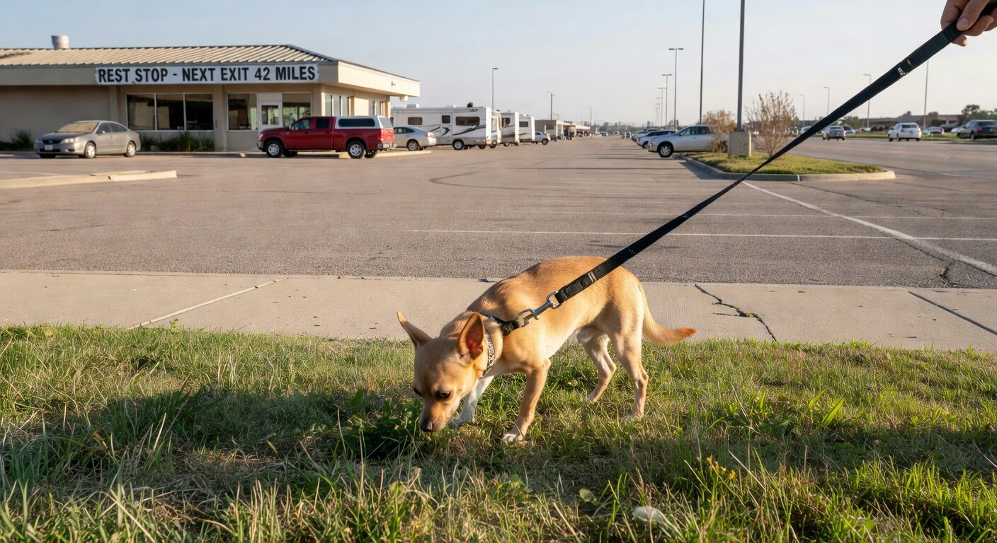 Chihuahua at rest stop during road trip