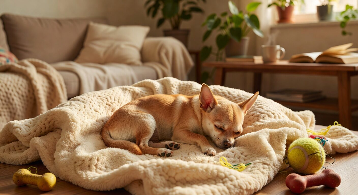 Chihuahua resting contentedly after a play session on a soft blanket