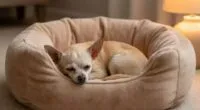 Sick chihuahua resting in comfortable bed