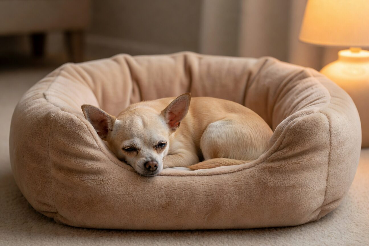 Sick chihuahua resting in comfortable bed