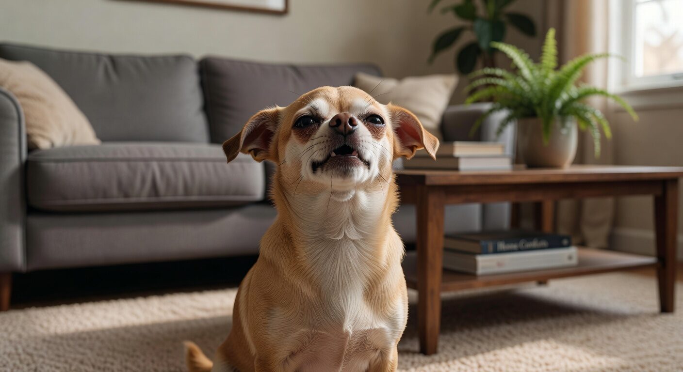Chihuahua doing a reverse sneeze with funny expression Chihuahua doing a reverse sneeze with funny expression