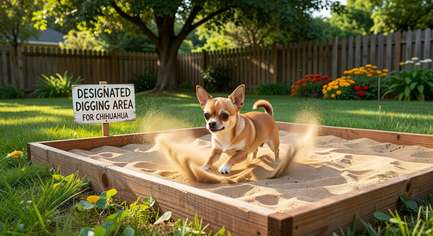 Chihuahua using designated digging sandbox