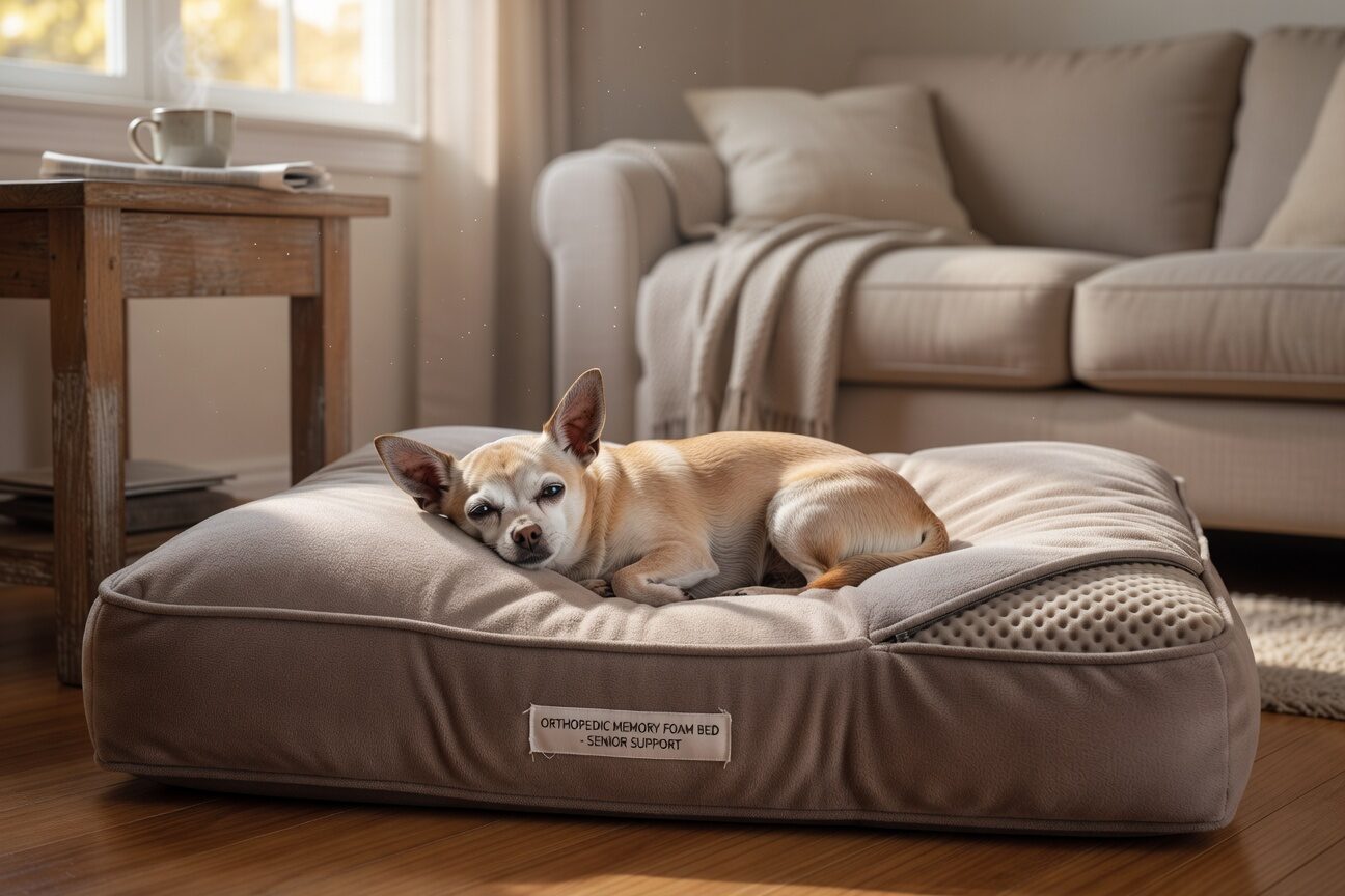 Senior chihuahua on comfortable bed