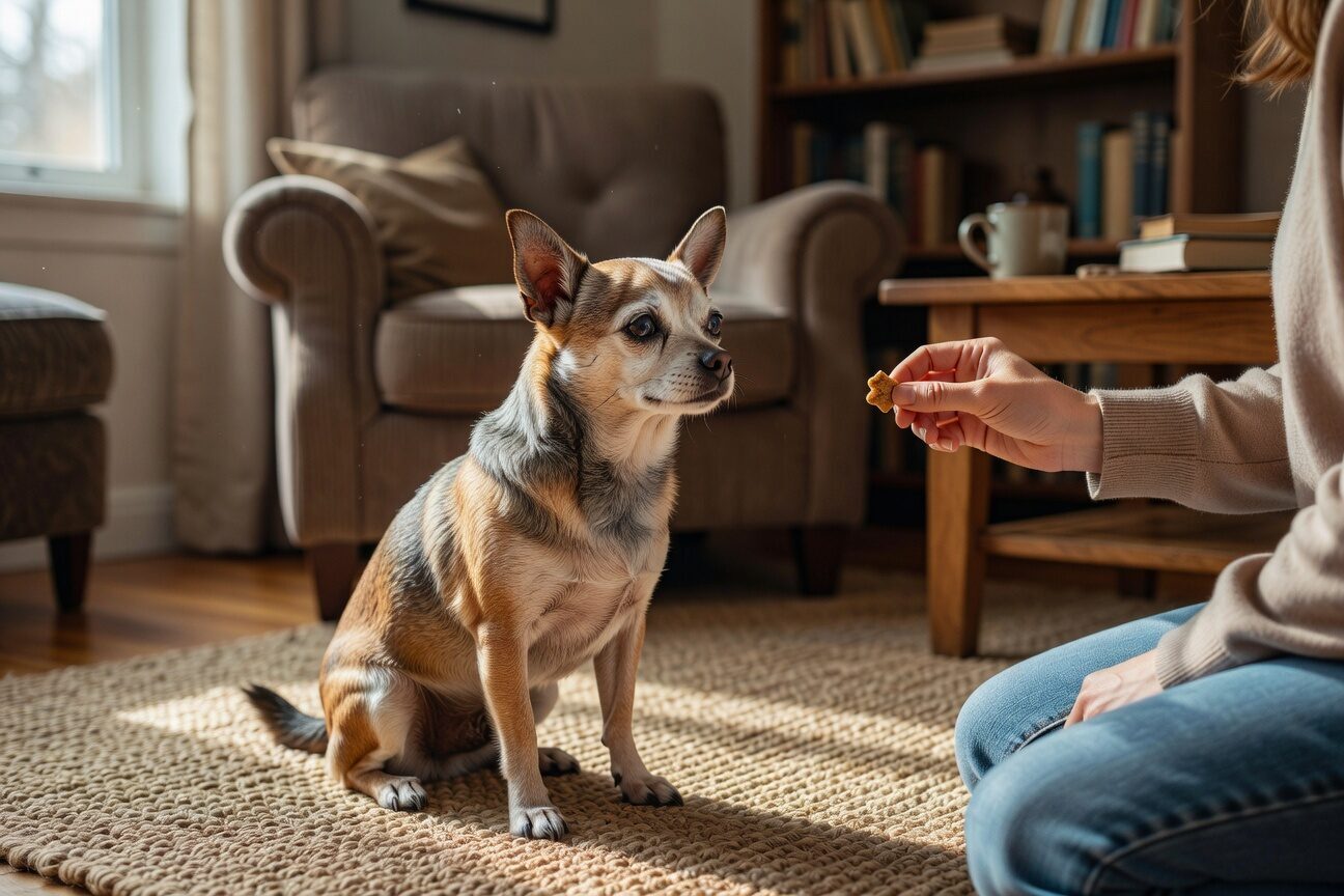 Senior chihuahua training with treats