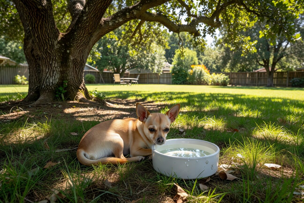 Chihuahua staying cool in shade with water