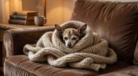 Sick chihuahua wrapped in blanket on couch