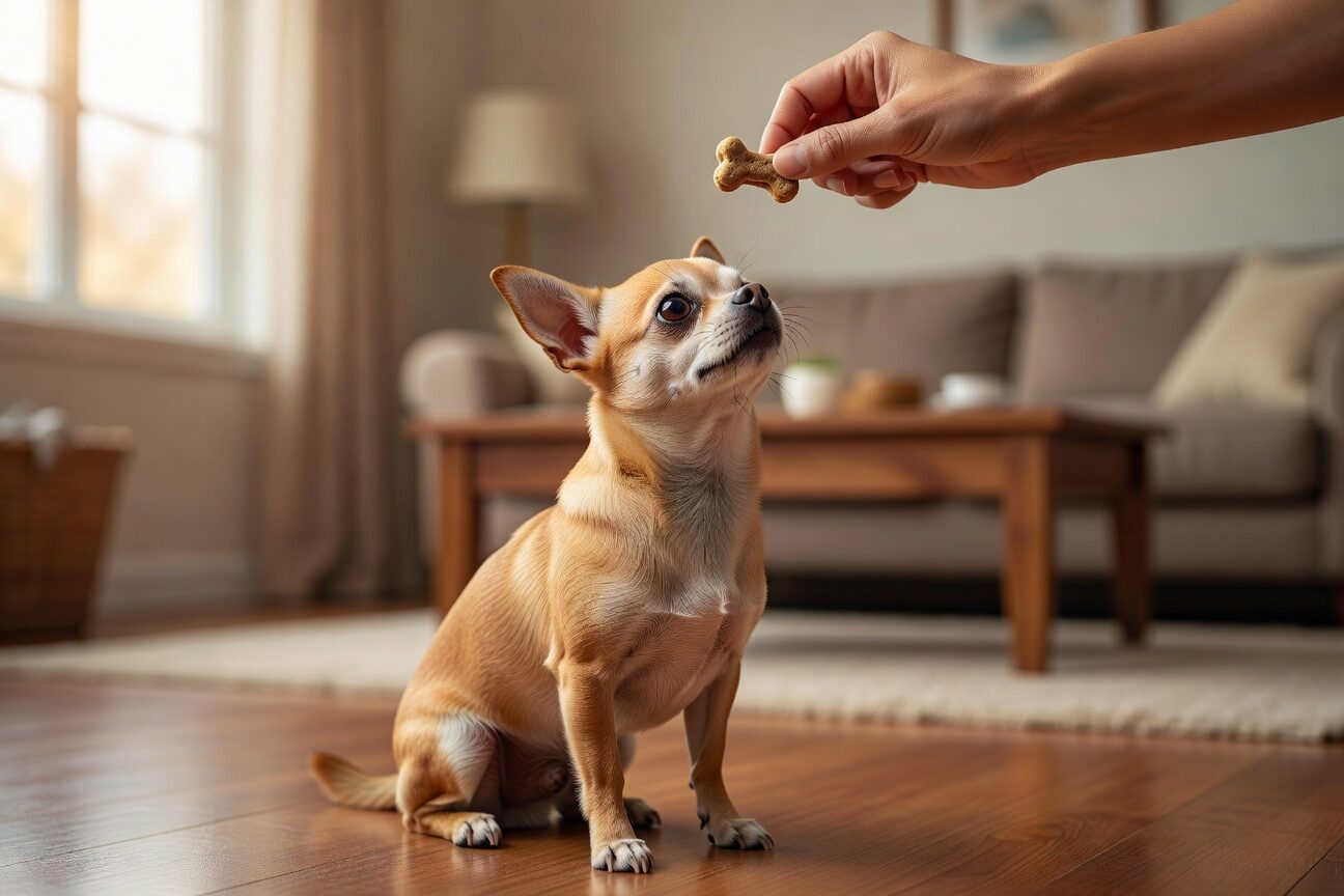 Chihuahua sitting calmly for treat during training