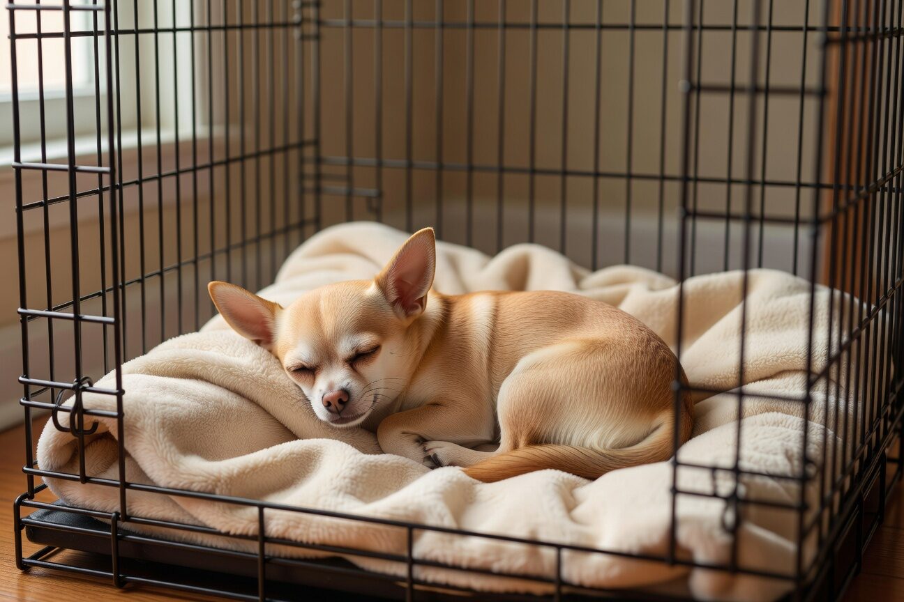 Chihuahua sleeping peacefully in crate