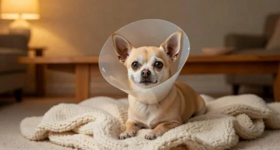 Chihuahua wearing a recovery cone after spay neuter surgery