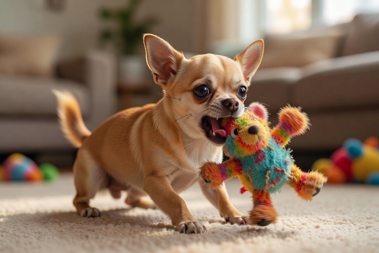 Chihuahua playing with squeaky toy
