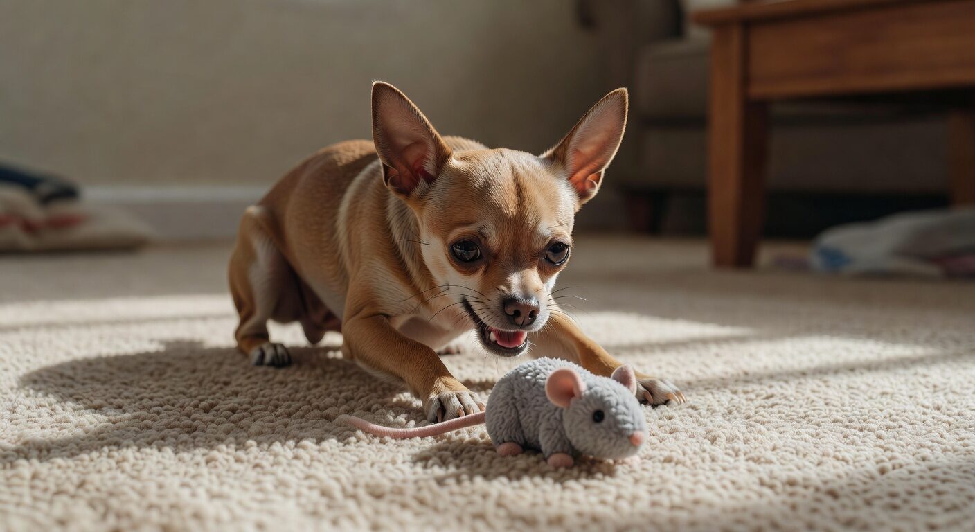 Chihuahua showing hunting instinct with toy
