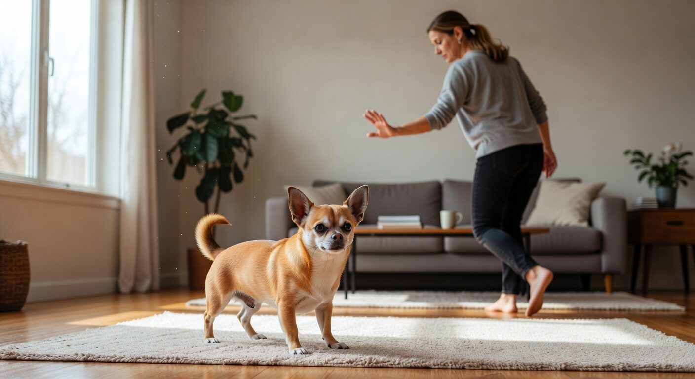 Chihuahua learning stay command with hand signal