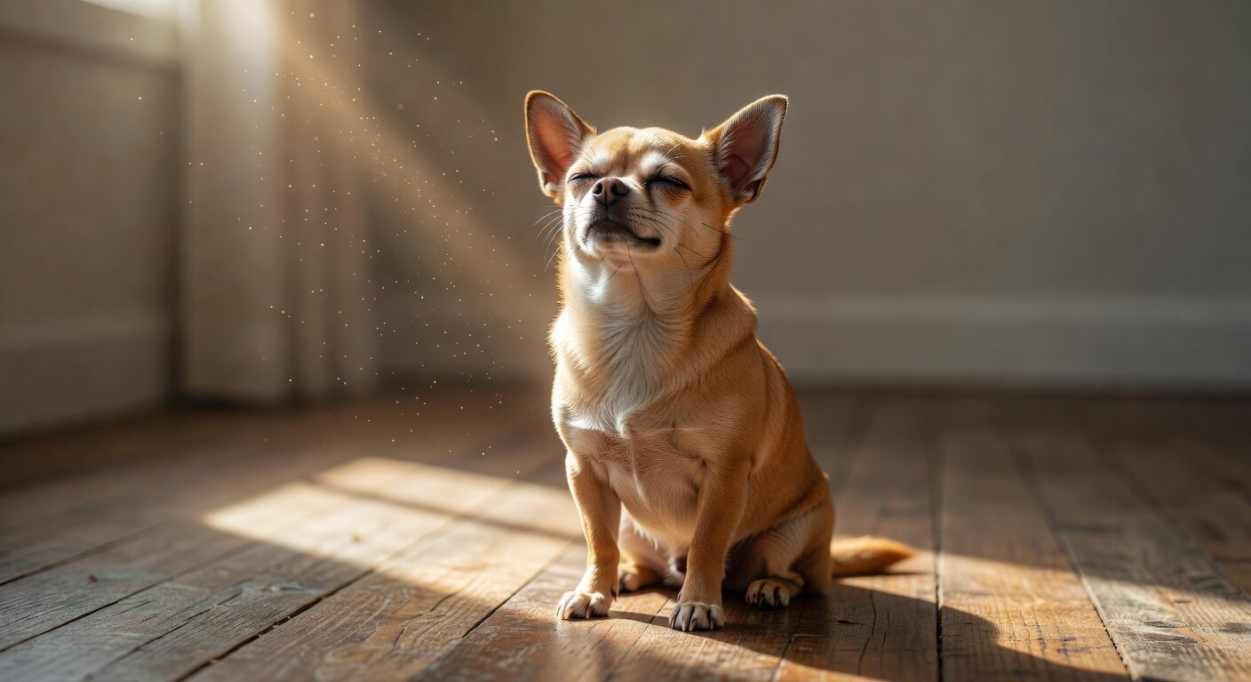 Chihuahua basking blissfully in a sunbeam on the floor Chihuahua basking blissfully in a sunbeam on the floor