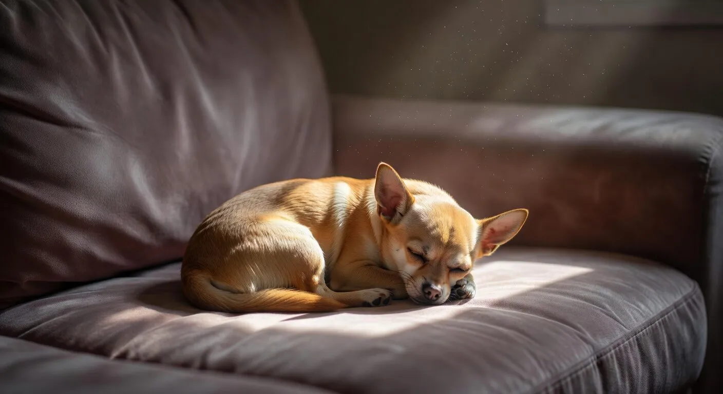 Senior chihuahua peacefully napping in a warm sunbeam on the couch