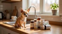 Chihuahua next to vitamin supplements on kitchen counter