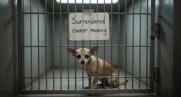 Surrendered chihuahua in shelter kennel with owner moving note