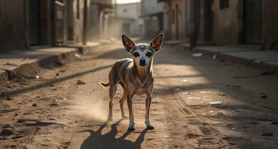 Resilient chihuahua survivor standing alone on a dusty road