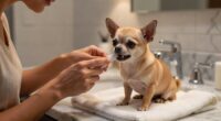 Owner brushing chihuahua teeth with a finger brush during daily dental routine
