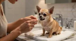 Owner brushing chihuahua teeth with a finger brush during daily dental routine