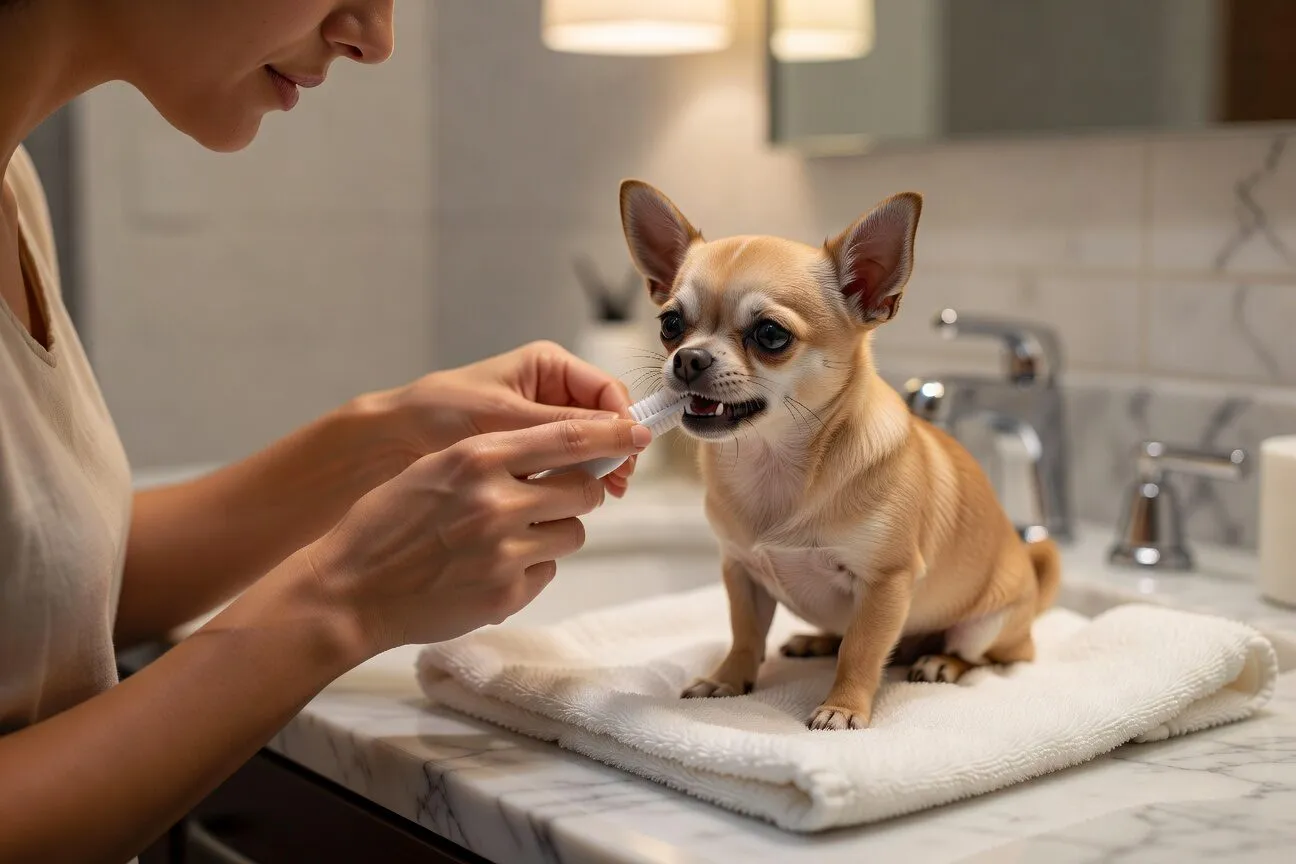 Owner brushing chihuahua teeth with a finger brush during daily dental routine