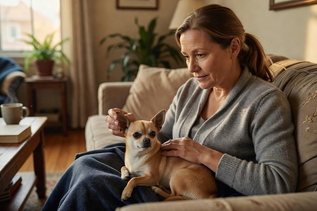 Owner checking chihuahua for fever at home