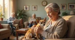 Chihuahua therapy dog sitting on elderly person lap at nursing home
