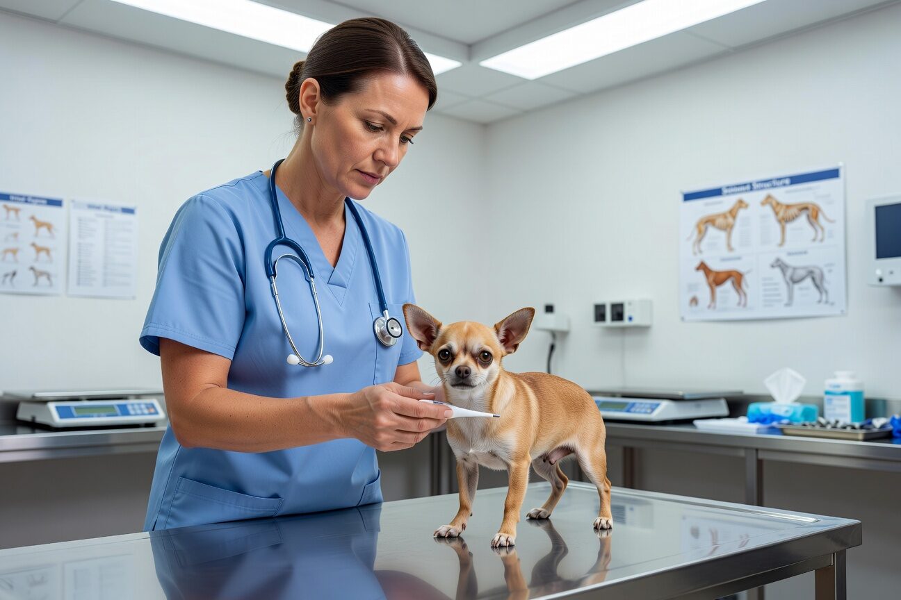 Vet checking chihuahua temperature