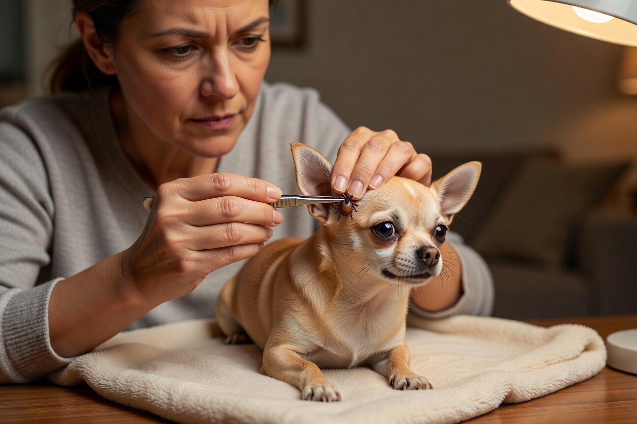 Owner removing tick from chihuahua with tweezers